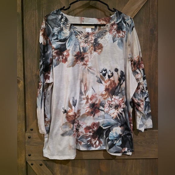 Alfred Dunner Tops - Alfred Dunner Embellished Floral 3/4 Sleeve Top-Size 2x